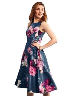 Roz & Ali Formal Teal Navy Floral Midi Cocktail Dress with Pink Blooms